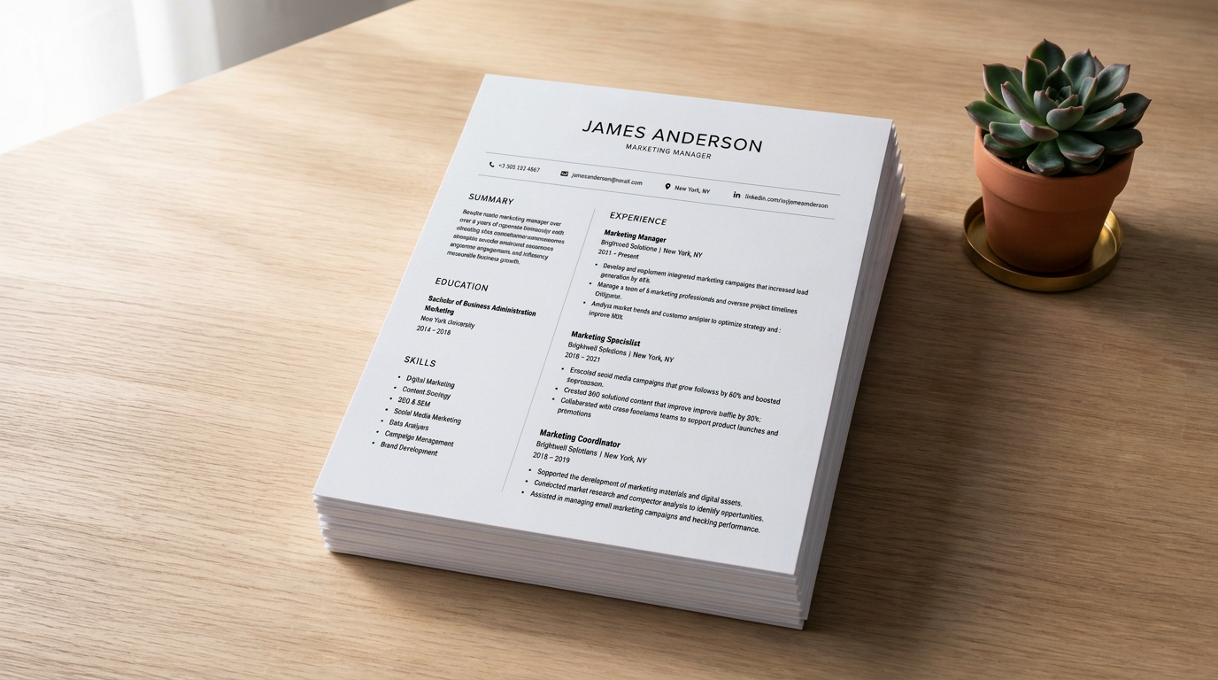 A clean stack of printed CVs on a wooden desk representing the traditional hiring model